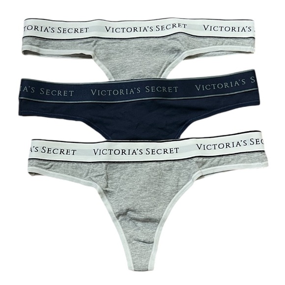 Victoria’s Secret Logo Cotton Thong Panty 3 pack bundle 2 Gray 1 Blue Sm… - Picture 1 of 8